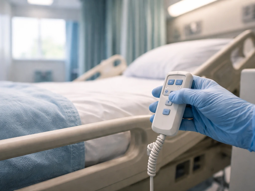 Clinician hand turning a hospital bed remote in a quiet ICU corridor at daytime