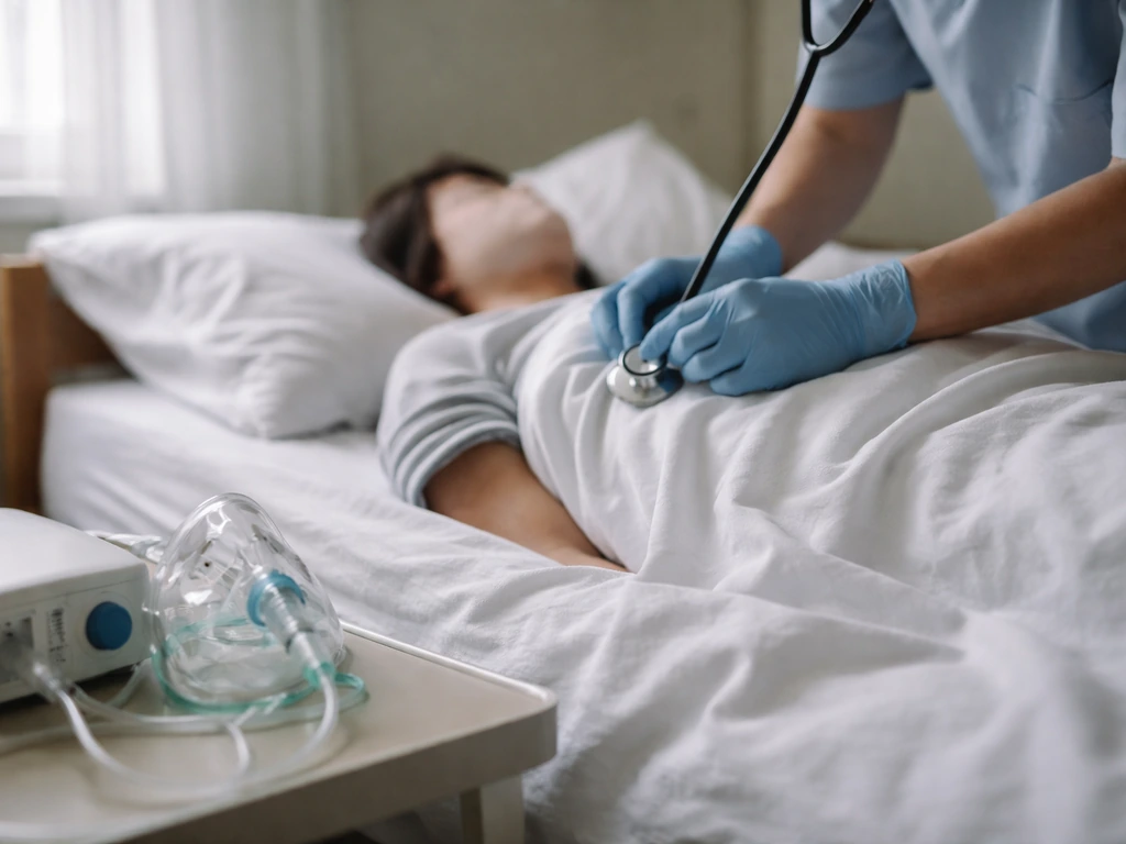 Minimal photo of a clinician’s gloved hands holding a stethoscope beside a patient bed, suggesting respiratory illness.