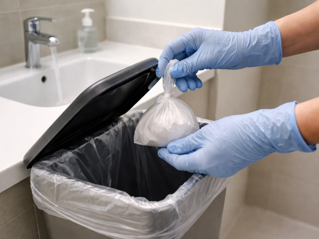 Anonymous gloved hands bagging waste near a sink with clean running water for hygiene prevention