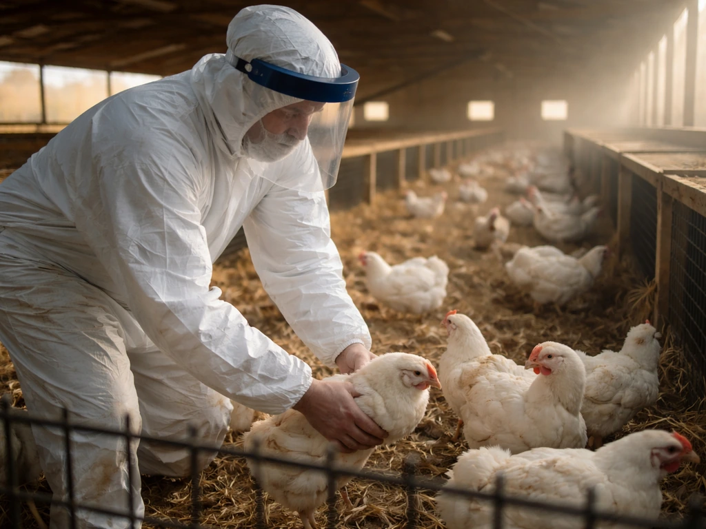 Anonymous poultry farm worker handling live birds in a fenced coop area on a farm at sunrise.