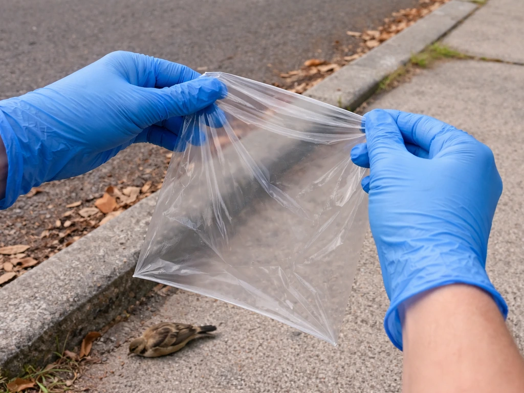 Gloved hands holding a plastic bag near a sidewalk while avoiding a dead wild bird