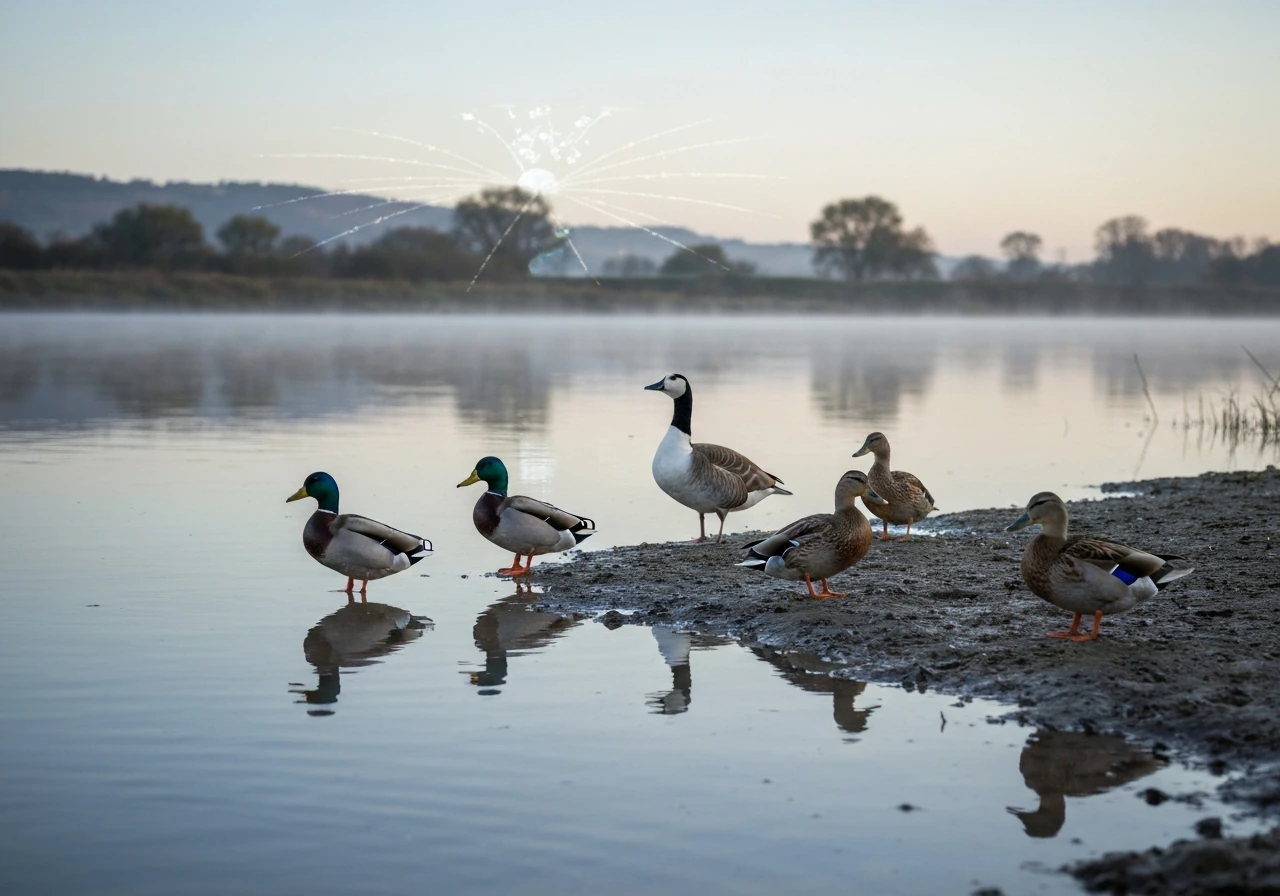 Wild ducks near a calm river, with distant satellite-like glow suggesting migration routes