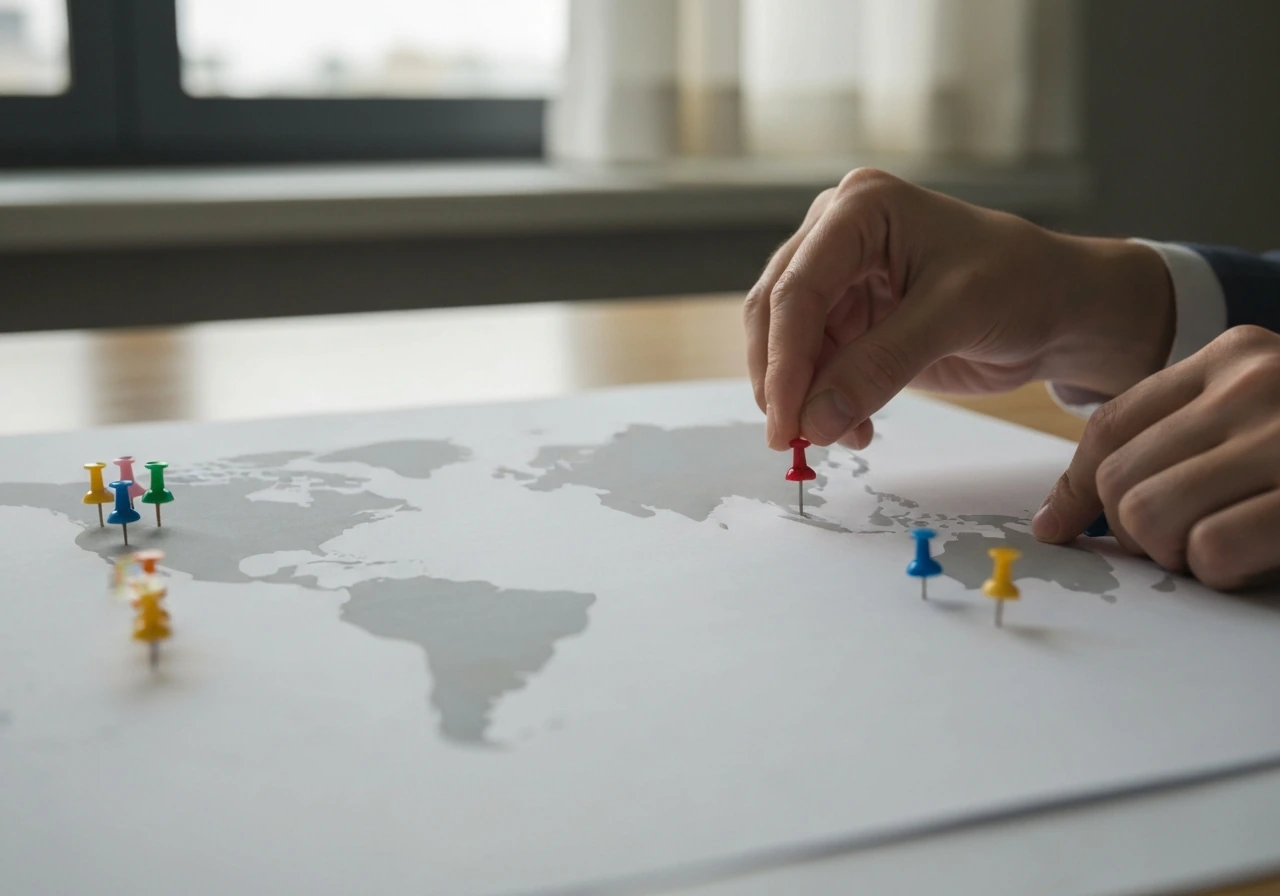 Hands placing colored pins on a blank world map, with one distinct red pin for a new recent wave.