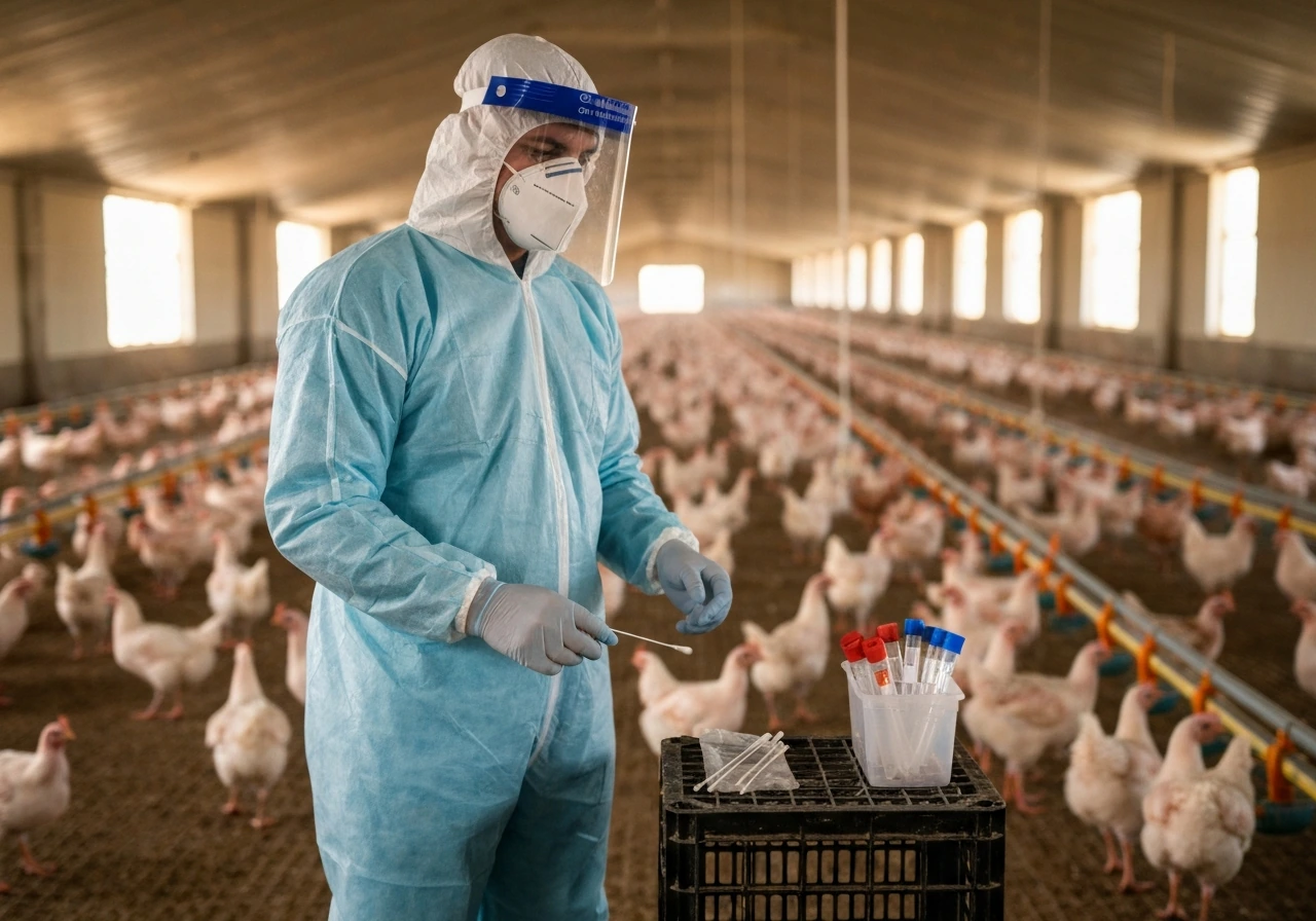 Worker in PPE inside intensive poultry housing with nearby sampling swabs and test tubes