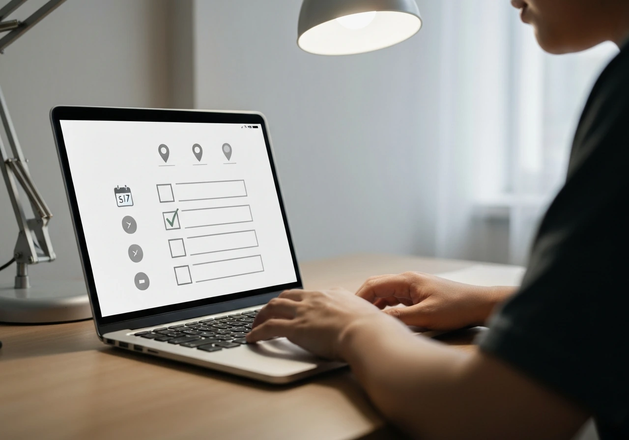 Close-up of hands using a laptop to verify an outbreak start date with official-style icons and checklist.