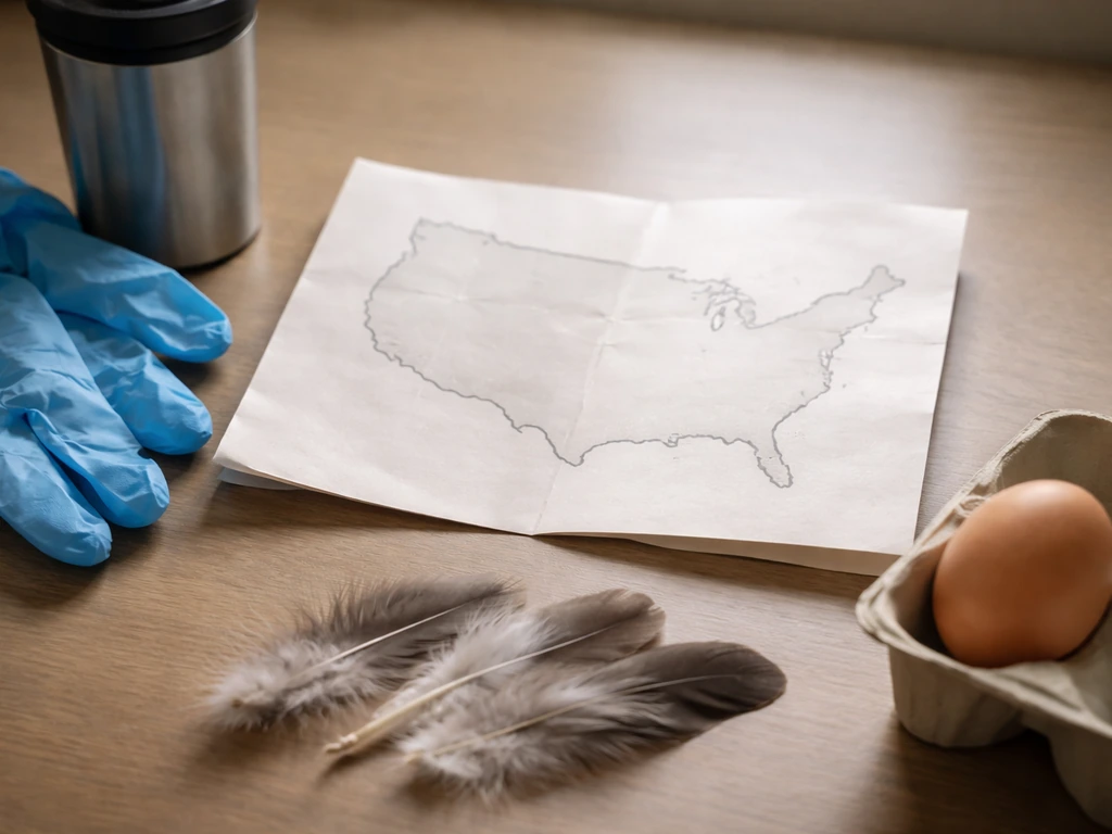 Minimal desk scene with blank outline paper and health-protection items suggesting bird flu spread across the US.