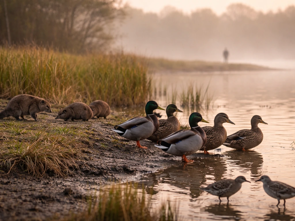Wild birds near a quiet wetland with subtle spread pathways toward other animals and a distant faint human presence