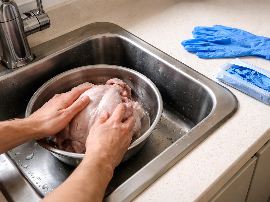 Gloved hands rinsing a raw chicken carcass in a clean kitchen sink, showing unprotected vs protected contact