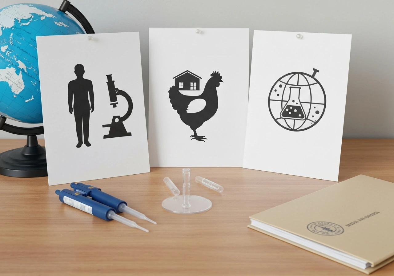 Desk scene showing human, animal, and global bird-flu monitoring roles via icons