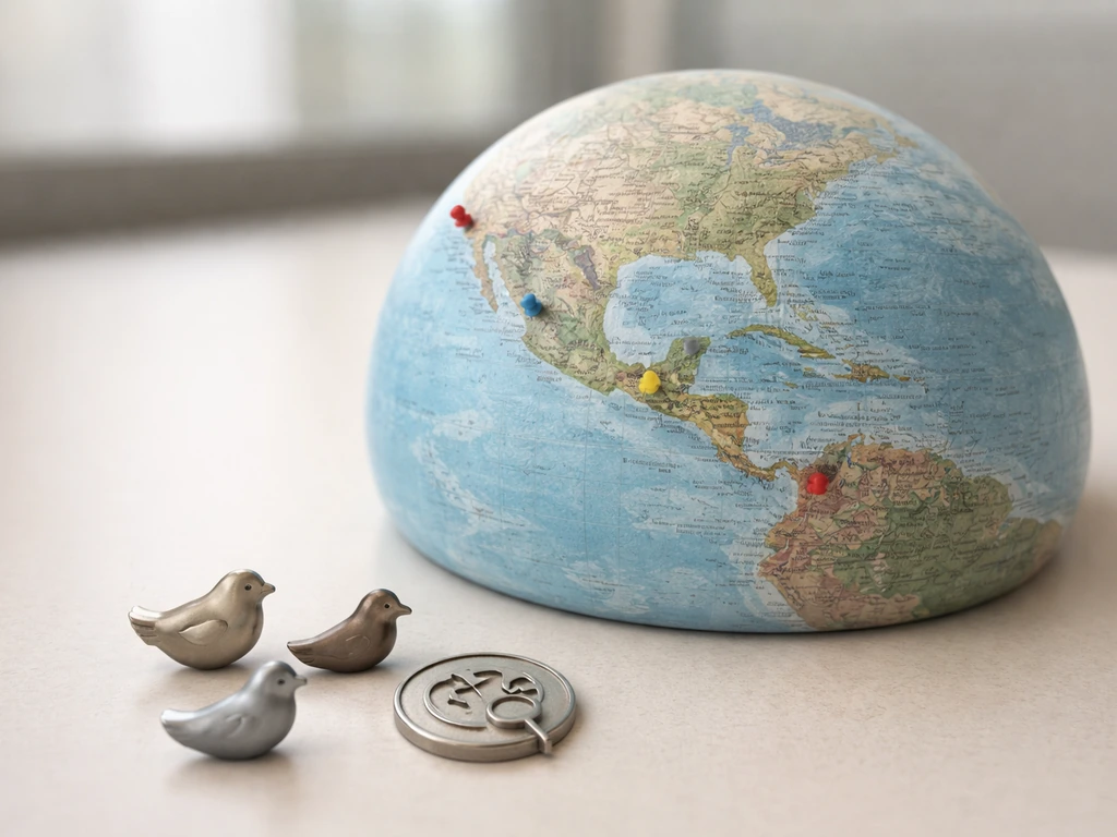 Minimal tabletop globe/map of Mexico with small bird and health tokens suggesting outbreak monitoring.