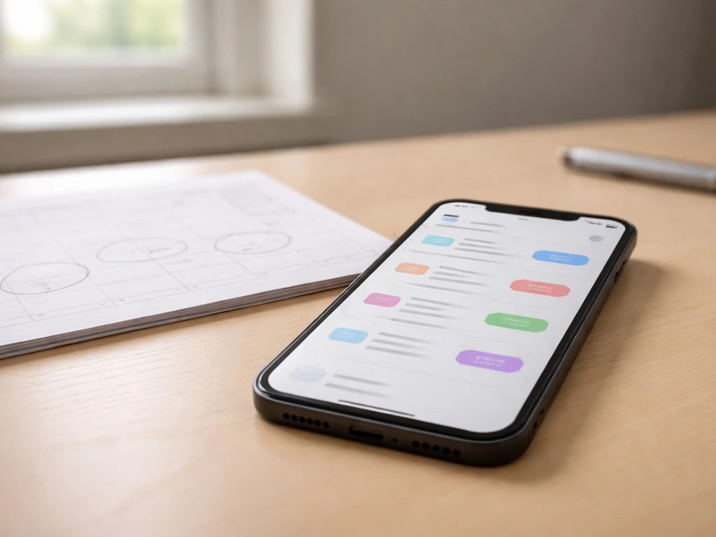 Minimal office desk with a calendar page and a phone showing an official-looking health update, no readable text.