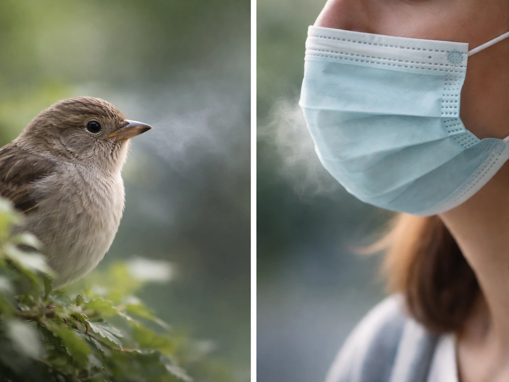 Minimal side-by-side scene contrasting birds and a human respiratory context with flu themes