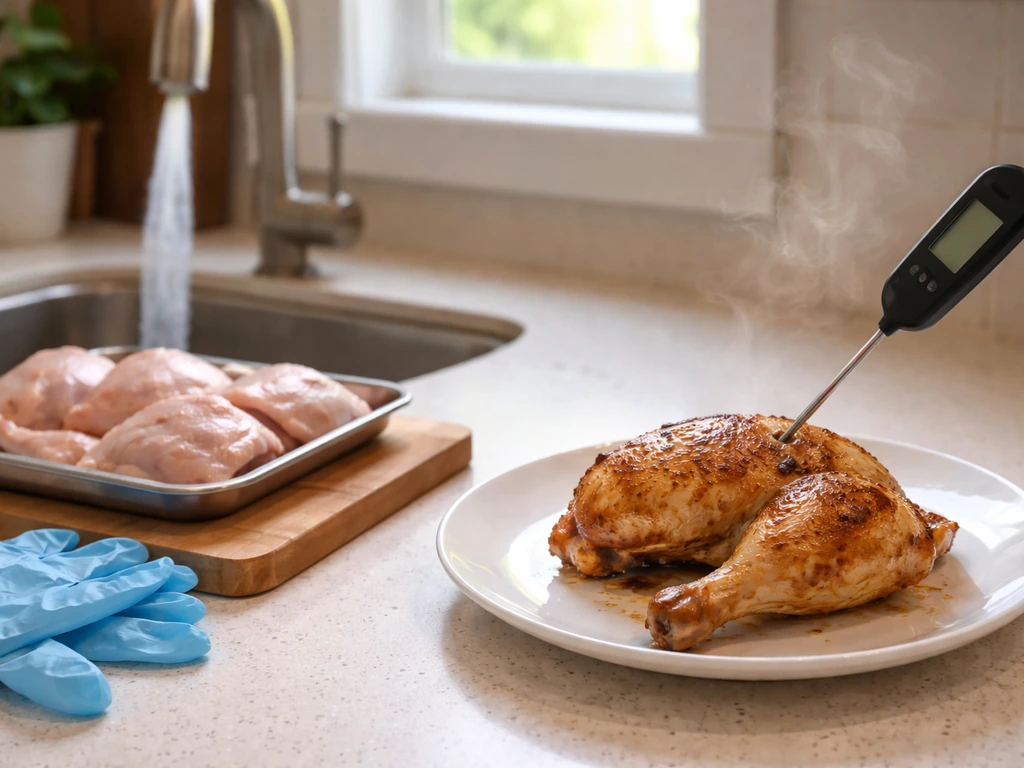 Kitchen scene showing raw poultry handled separately, then cooked poultry resting beside a thermometer.