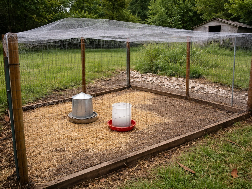 Fenced, netted poultry run with contained water and no standing water in a rural yard