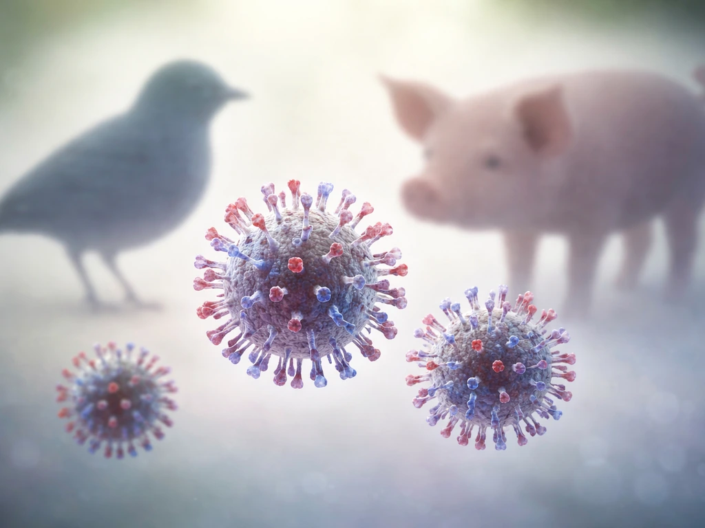 Photoreal influenza virus particles between simple bird and pig silhouettes, representing H and N surface proteins.
