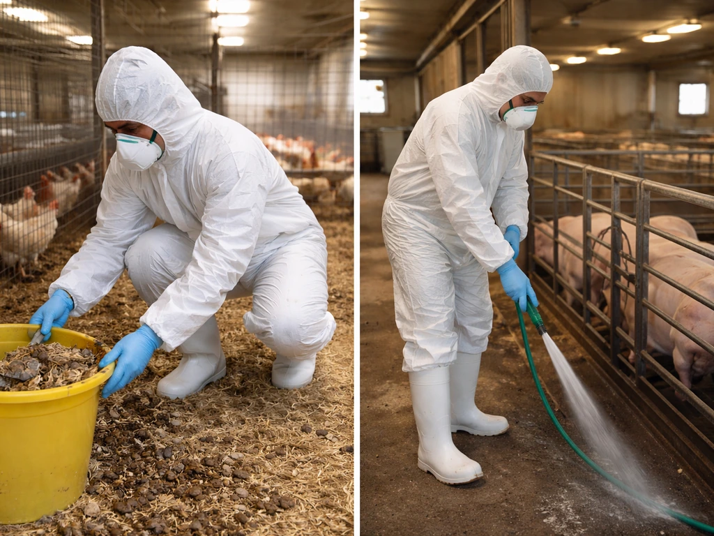 Two minimal farm scenes: PPE worker near birds with droppings, and near pigs in a barn aisle.