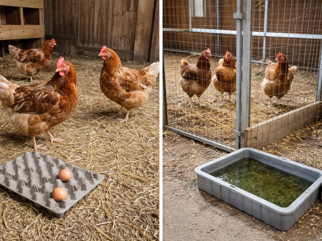 Two simple poultry farm scenes: mild signs in chickens and an isolation pen setup indicating severe outbreak risk