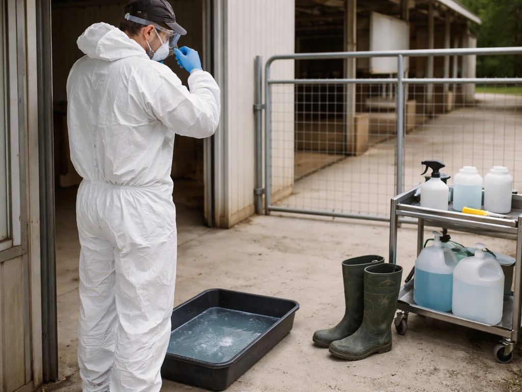 Farm worker donning full PPE and disinfecting equipment near poultry housing with footbath