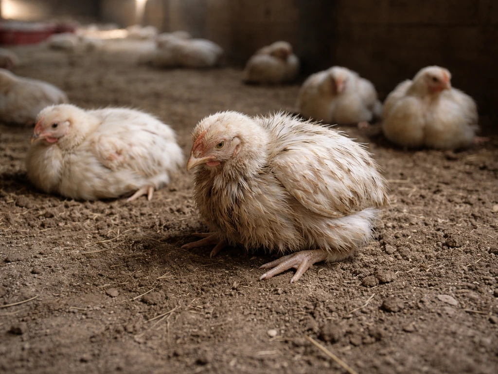 Sick chickens huddled together on a farm floor with ruffled feathers and drooping, lethargic behavior.