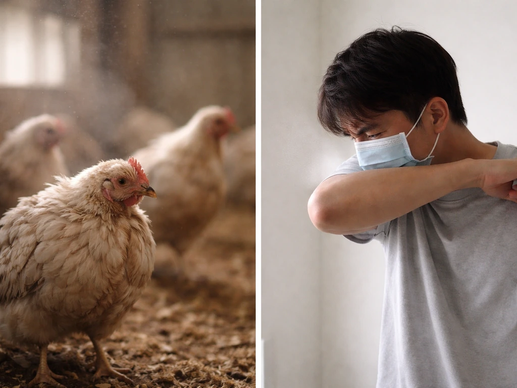 Split image showing generic sick birds on one side and an anonymous masked person coughing on the other.