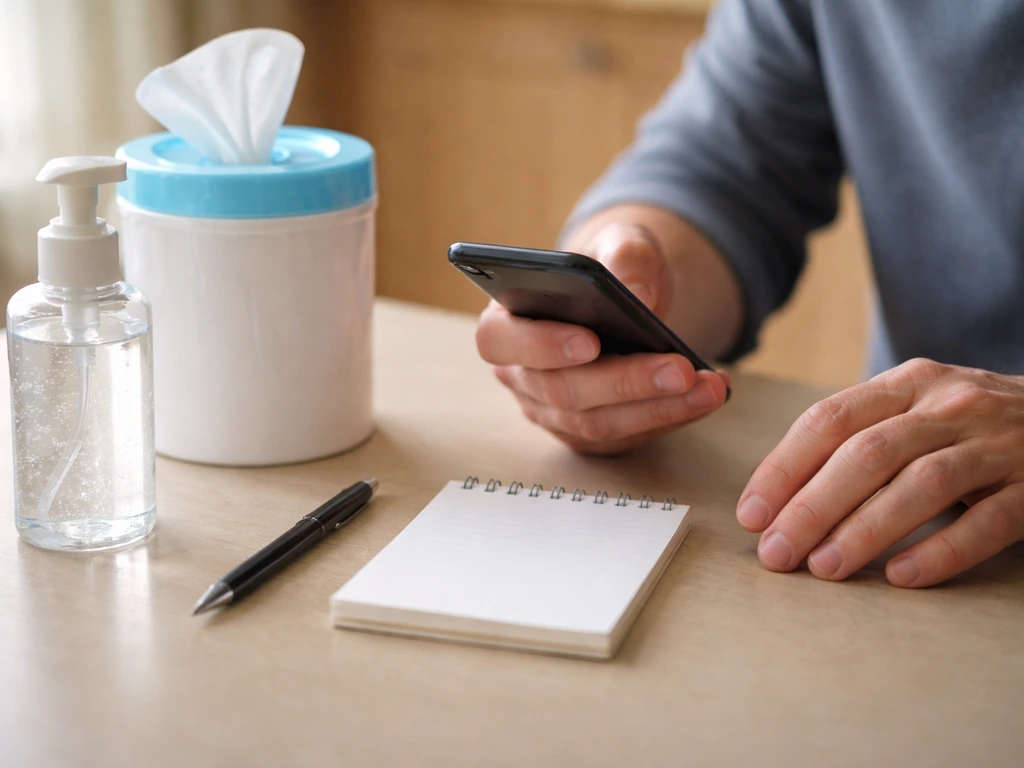 Close-up of hands calling a health department, with notepad for exposure details and disinfecting wipes nearby.