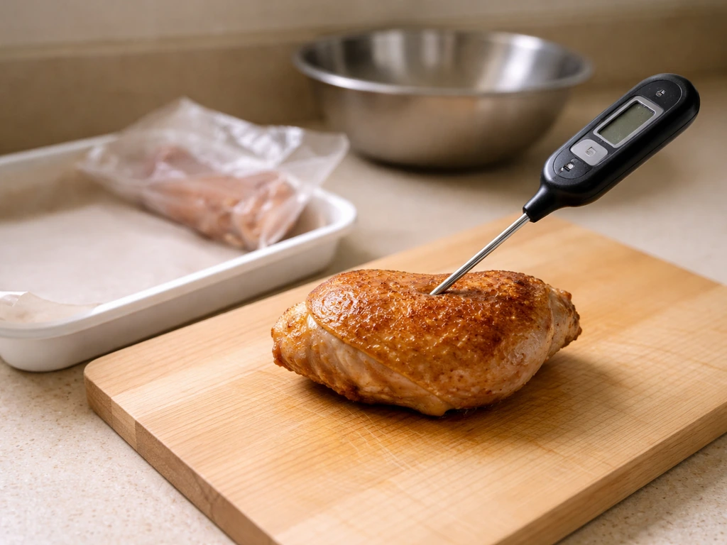 Thermometer probe inserted into poultry on a cutting board, with simple raw-to-cooked separation items nearby.
