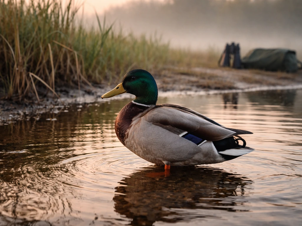A duck in a shallow wetland near field gear, evoking wildlife surveillance for wild bird detections.