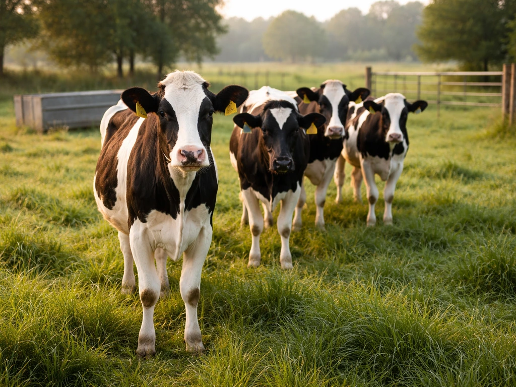 Dairy cows grazing in a farm pasture with a trough and gate at the edge of the pen.