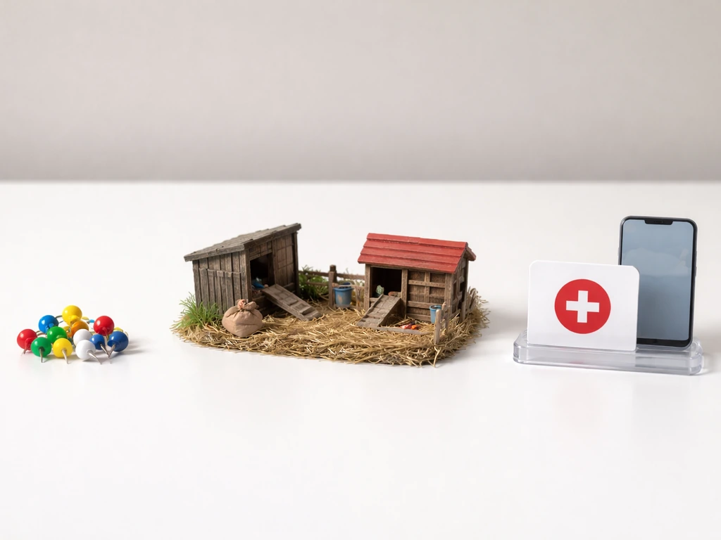 Minimal photo showing three separate icons: map pin cluster, poultry farm yard, and health notification symbol.
