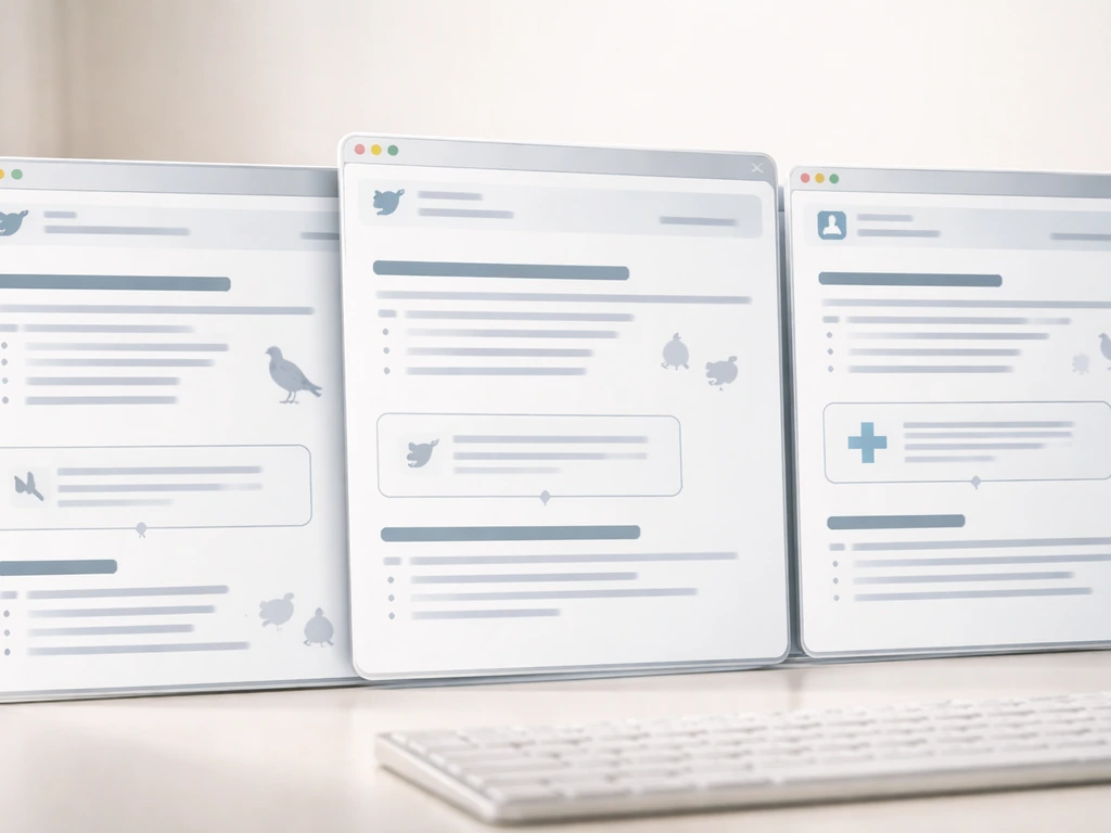 Minimal mock browser panels showing three verification webpages for bird detections and health updates