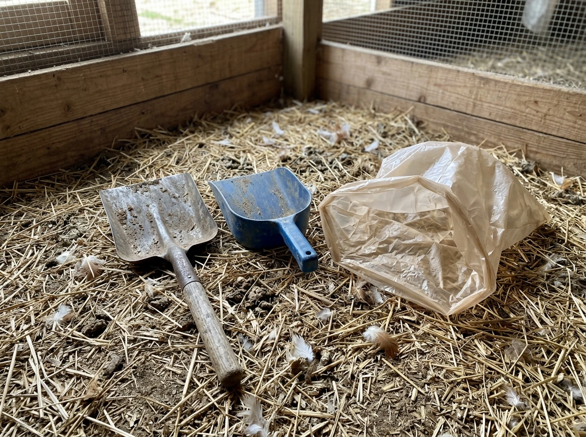 Nurse-like diagram view of contaminated poultry area with bird droppings and close-contact tools