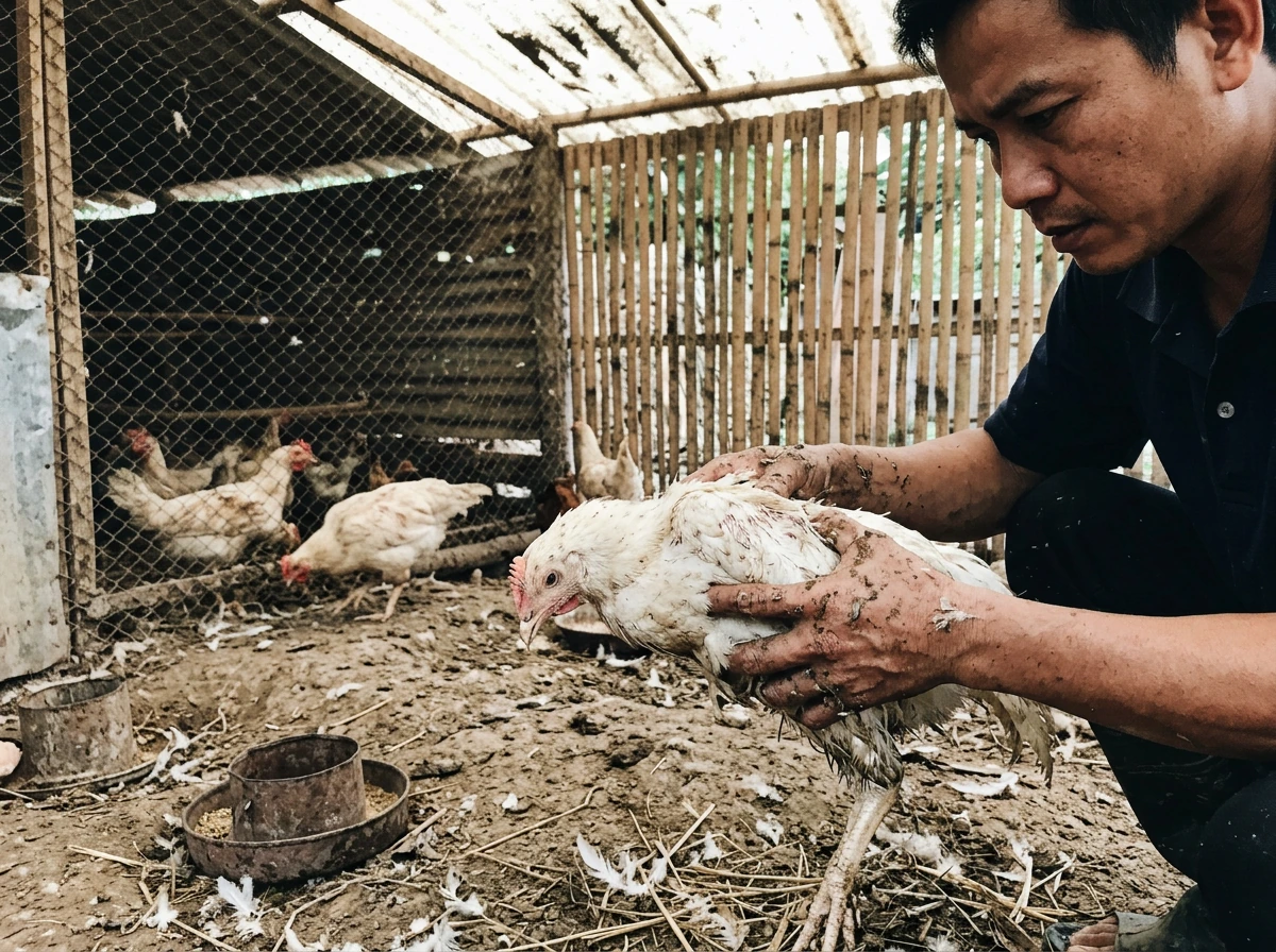 Nitrile gloves, N95 respirator, and sealed bag for reducing risk during poultry work