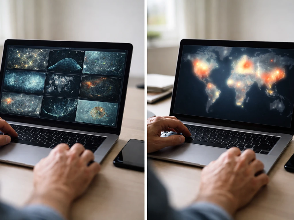 Split-screen view of a laptop showing blurred, map-and-tile style outbreak surveillance updates.
