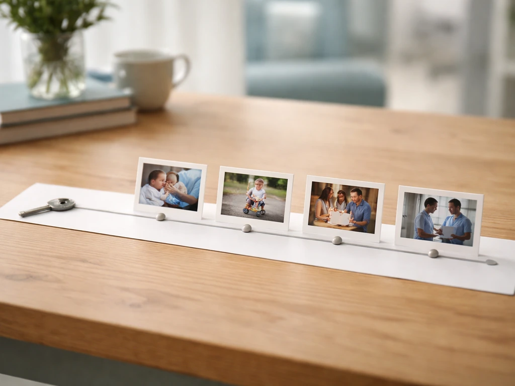 Minimal tabletop milestone cards arranged like a timeline, suggesting when bird flu began and last major events.