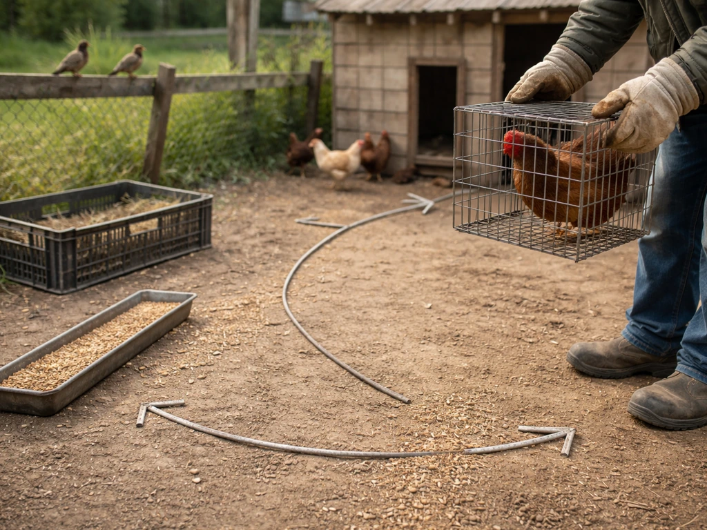 Rural poultry coop scene with wild birds and wire-arrow pathway cues toward human exposure risk.