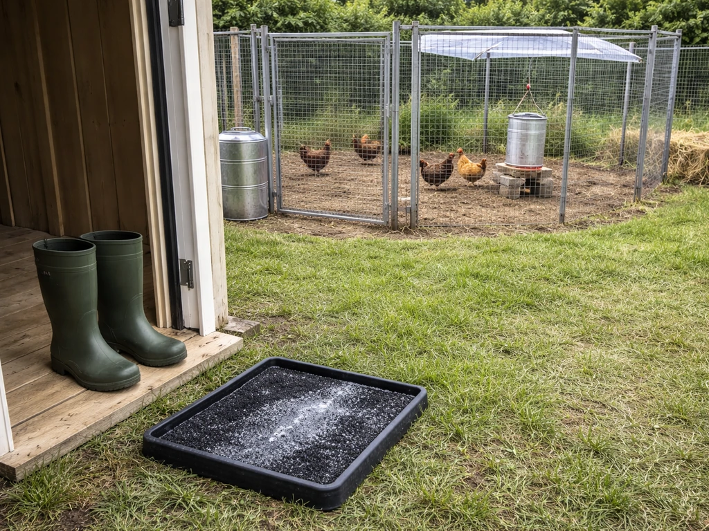Backyard chicken run with sealed feed, covered waterer, and boot-changing mat for biosecurity.