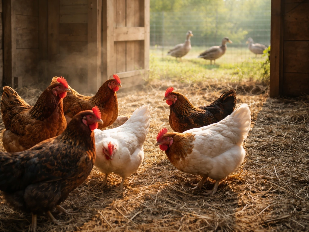 Chickens in a rural coop while wild ducks forage nearby, suggesting how bird flu may spread between birds.