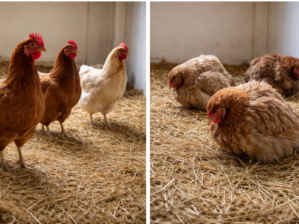Split view of two small chicken coops: healthy hens with bright feathers vs sick-looking birds with fluffed feathers.