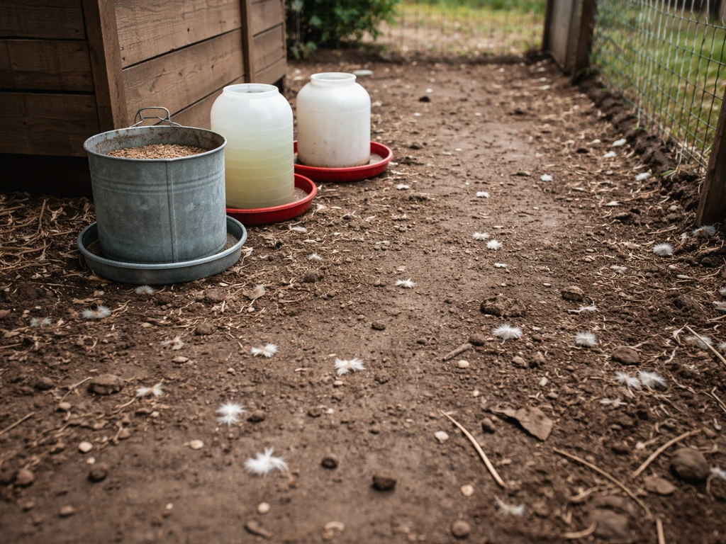 Backyard coop area with feed and water containers on dirt near visible wild-bird droppings.