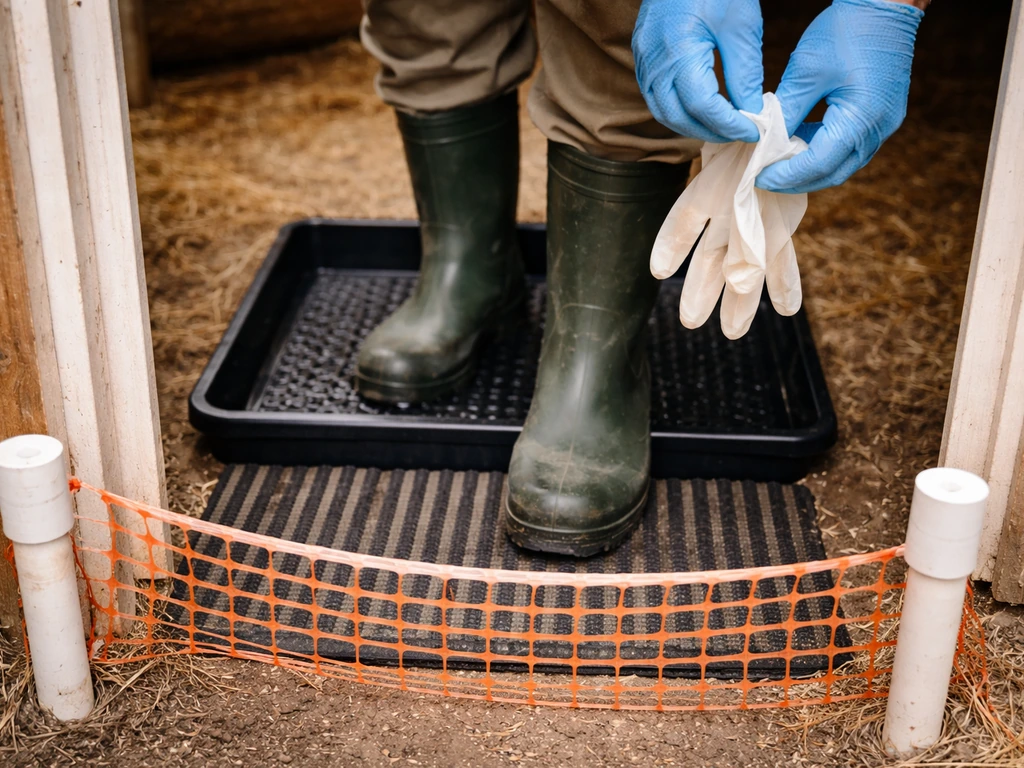 Closeup of boots and gloves at a poultry coop entry with a boot dip barrier station.