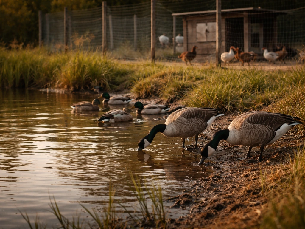 Ducks and a few geese on a wetland pond beside a fenced backyard chicken area