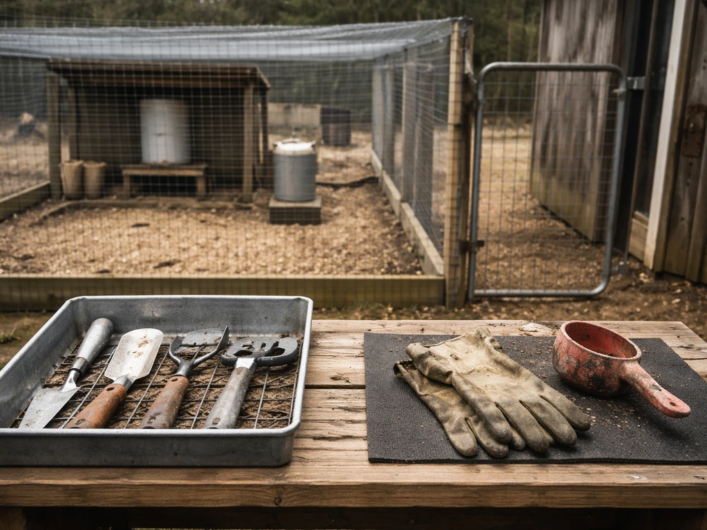 Farmyard checklist view: netted feed/water, secured gate, and clean vs dirty tools separated.