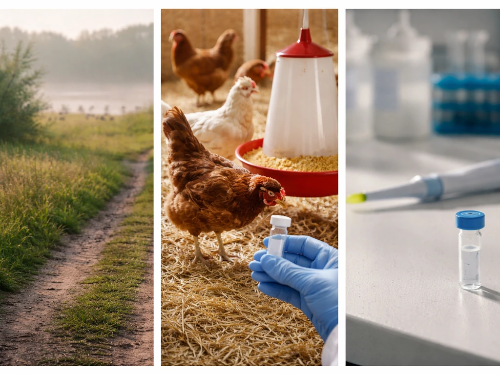Three minimal photos side-by-side: wild birds outdoors, poultry coop sampling, and lab test vials on a bench.