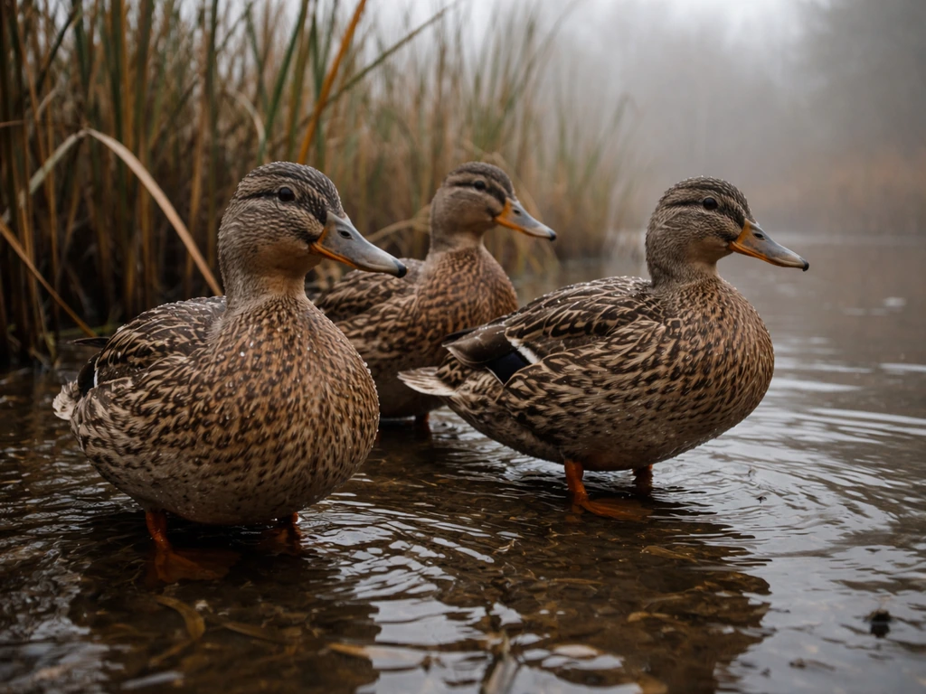Close-up of wild ducks in a misty wetland with reeds and shallow water