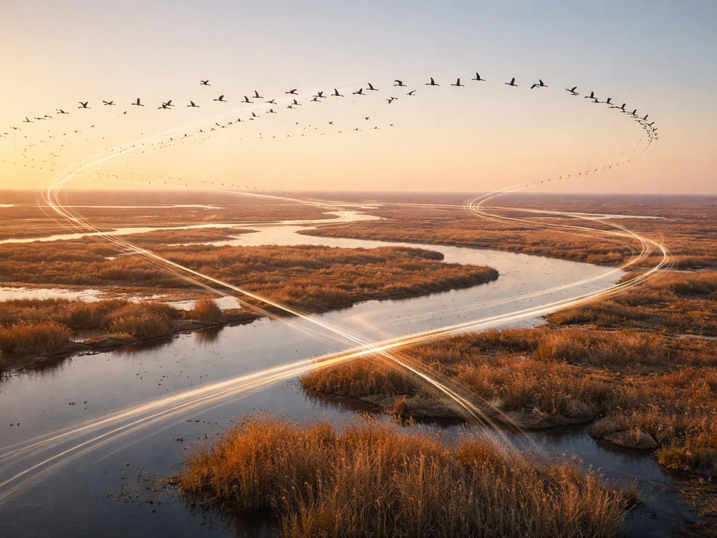 Aerial view of a North American wetland with birds in flight following curved paths across the habitat.