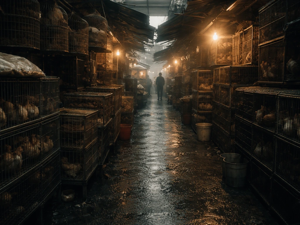 Morning view of a quiet Hong Kong live poultry market aisle with cages and workers’ silhouettes in the distance