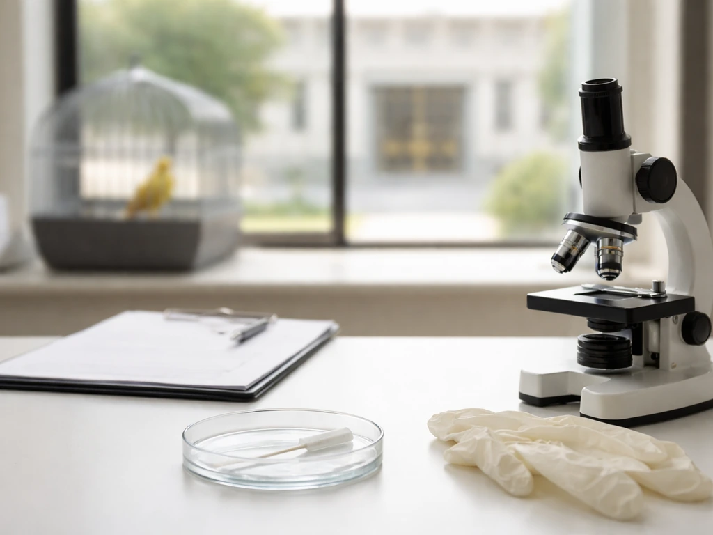 Minimal desk lab items, blurred veterinary observation, and a distant official building suggesting discovery meanings.