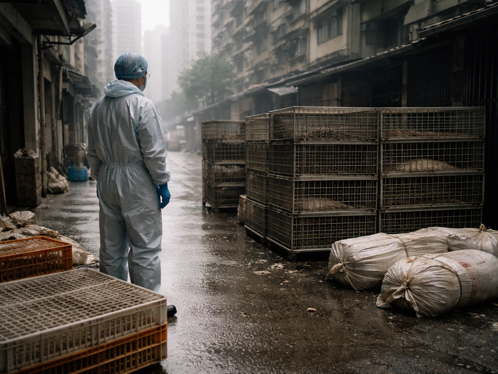 Masked investigator beside poultry crates in a quiet Hong Kong alley with high-rises in the background.