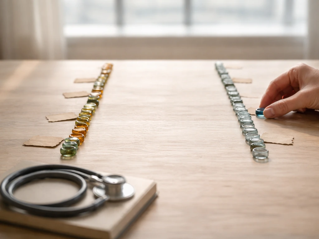 Minimal desk scene with color-coded beads and blank tags suggesting different avian flu discovery dates.