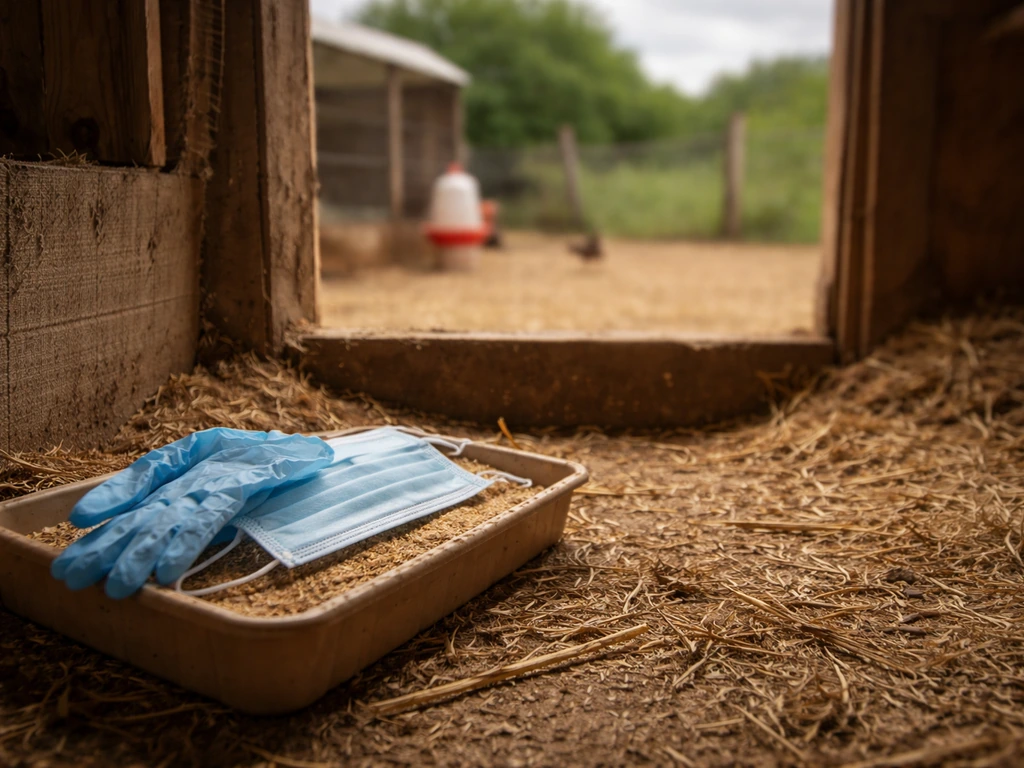 Minimal photo of a poultry farm coop entrance with a single veterinarian glove and mask beside a clipboard